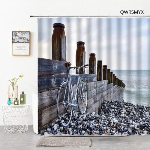 Beach Bike Landscape Shower Curtains Fabric Hooks Pillar Garden Natural Scenery Bath Curtain Home Household Toilet Decor Cloth