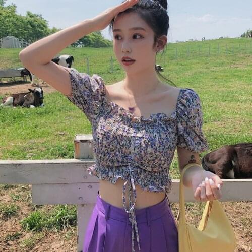 Women Chiffon Shirt Fashion Wild Square Collar Short Sleeves Blouse Sexy Pleated Crop Tops Sweet Floral Print Shirts