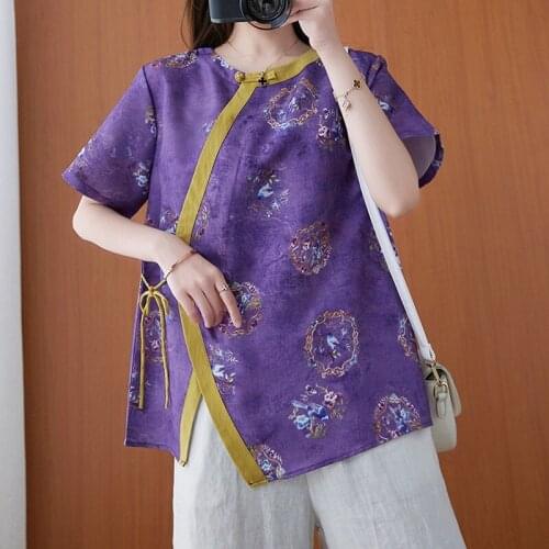 Women Cotton Linen Casual T-shirts New Arrival 2021 Summer Chinese Style Vintage Print Loose Female Short Sleeve Tops Tees S4043