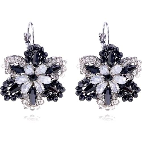 HAHATOTO Round Flower Shape Stud Earrings Black Color Crystal Beaded Trendy Statement Earrings for Girls Women Party Prom Bijoux