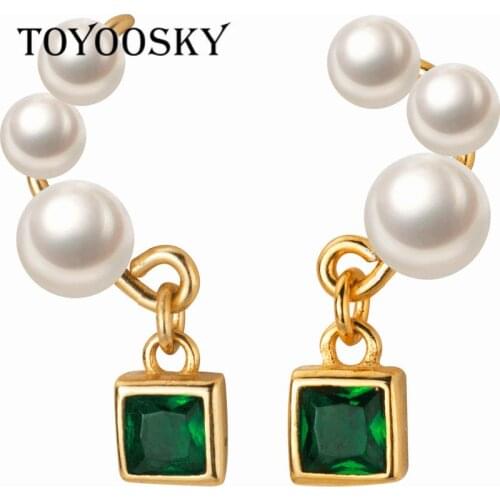 New Design Green Crystal Square Shape 925 Pure Silver Pearl Earrings For Women Trendy Jewelry Earring Wholesale