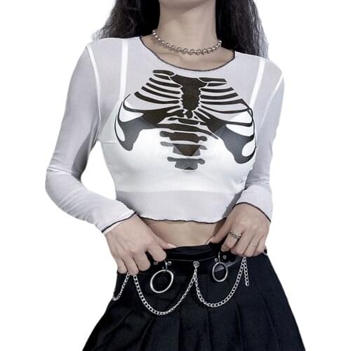 2021 Women See-through Crop Tops Adults Breastbone Print Long Sleeve Round Neck Mesh T-shirt