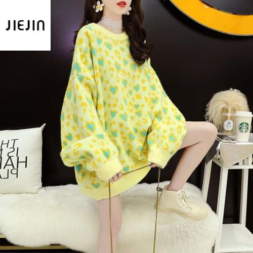 Yellow Love Heart Knitted Pullover for Woman Fall 2020 Causal Long Sleeve O-neck Sweater Korean Soft Warm Lazy Knitted Pullover
