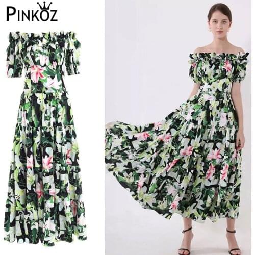 Pinkoz lily flower slash neck ruched high quality dress women summer maxi dress for party A-line soft robe dresses vestidos