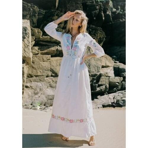 2020 Womens Clothing Bohemian Floral Embroidery Dress High Waist V-neck Holiday Long Dress Long Sleeve Cotton Vacation Dress