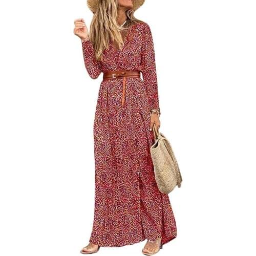 Women V-neck Long Sleeve Printed Dress Loose Plus Size Elegant Party Clothes Ladies Casual Bohemian Beach Dress