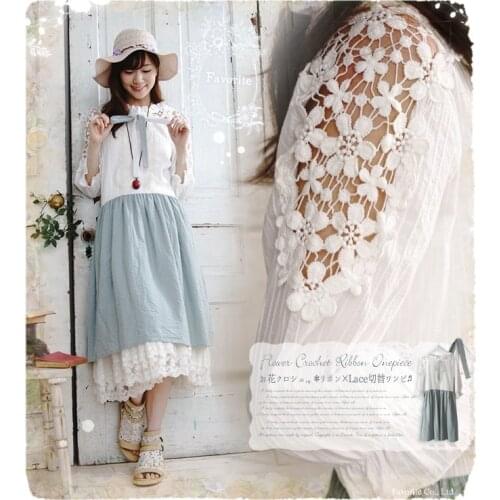Japanese Mori Girl Hippie Boho Bohemian Vintage Crochet Embroidery Hollow Out Line Cotton Lace Patchwork Women Spring Fall Dress