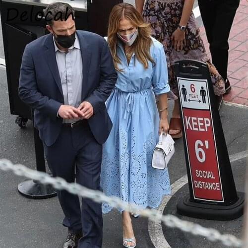 Delocah New 2021 Autumn Women Fashion Runway Party A-Line Dress Lantern Sleeve Elastic Waist Hollow Out Print Ladies Midi Dress