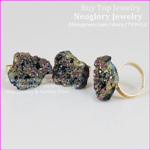 10pcs Beautiful Rainbow Titanium Quartz Druzy Ring metal Bezel Ring Crystal Quartz Finger Ring Gems Drusy Stone Ring