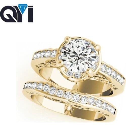 QYI Solid 14K Yellow Gold Wedding Ring Sets 1ct Round Cut Sona Simulated Diamond Single Row Engagement Wedding Rings For Women