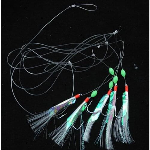 5 Pcs Steel Carbon Mackerel Feathers Bass Cod Fishing Lures Sea Fishing Tackle Boat Head Treble Barbed Luminous Fishing Hook