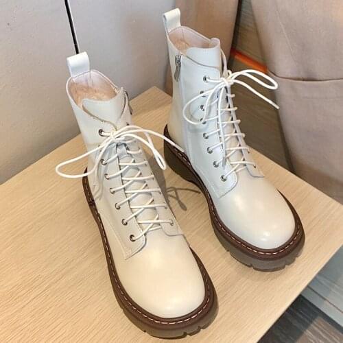 New Winter Handmade Genuine Leather Women Boots Round Toe Thick Sole Ankle Shoes Platform Cross Tied Zipper Women Martin Boots