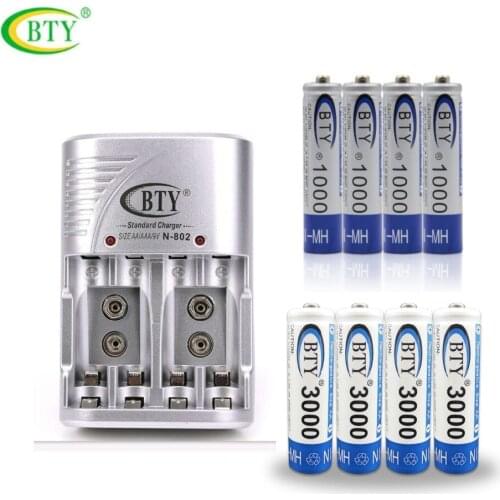 BTY 4pcs 3000mah 1.2V AA +BTY 4pcs 1000mah 1.2V Ni-MH Rechargeable Battery +BTY 1pc 802 EU Battery Charger