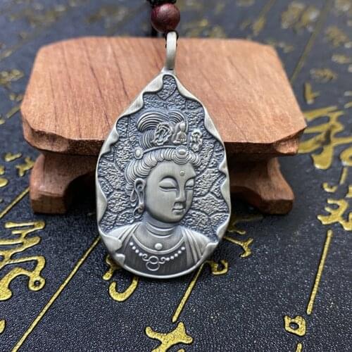 Buddhist Guanyin Pendant Necklace Thai Silver Retro Chinese Buddhist Jewelry Amulet Hinduism Ethnic Silver Jewelry Men and Women