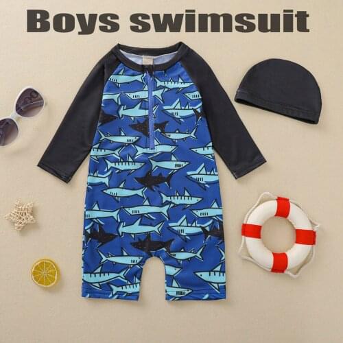 Toddler Baby Boys Kids Short Sleeve One-Piece Swimsuit Children Cartoon Zipper Beachwear Bathing Swimwear With Swimming Cap