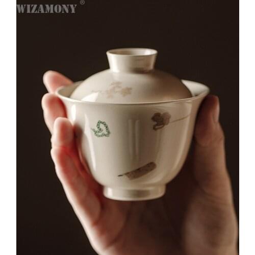 WIZAMONY grass ash glaze hand thin tire cover bowl kung fu tea set handpainted tea bowl is not hot hand original earthen-colored