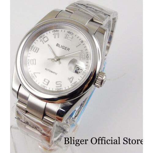 BLIGER Dress MIYOTA 8215 36MM Automatic Men Watch Brushed Oyster Bracelet Polish Bezel Silver Dial Date Magnifier