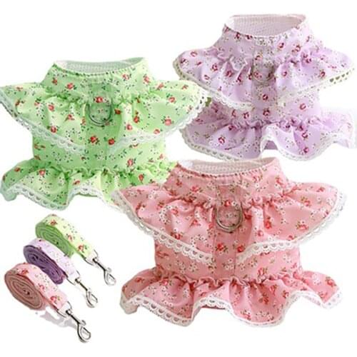 Floral Pet Dog Harness And Leash Set Lace Safety Small Harness For Dogs Cat Girl Princess Pet Collar Dog Harness Vest Adjustable