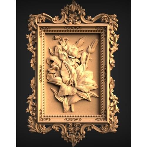 Flower in frame 3d model relief for cnc carving engraving in STL file format
