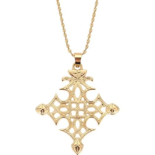 Ethiopian Gold Color Cross Pendants Necklaces Classic Women Christmas Jewekry Gifts