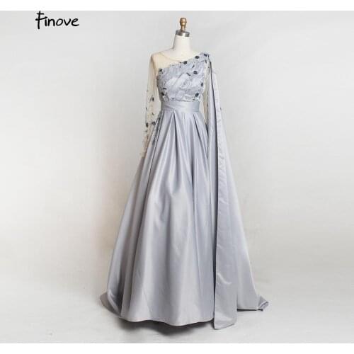 Elegant Evening Dresses A line Prom Satin Appliques Arabic Vestidos De Fiesta De Noche Robe De Soiree Plus Size Finove