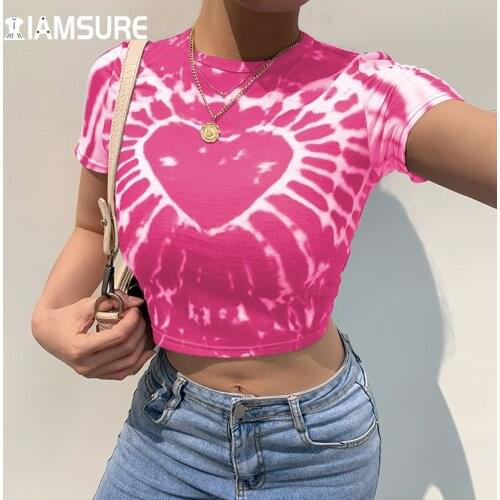 IAMSURE Cool Heart Shape Print Tshirts Holiday Streetwear Slim O-Neck Crop Tops Women 2021 Fashion Beach Style Y2K Aesthetic 90S