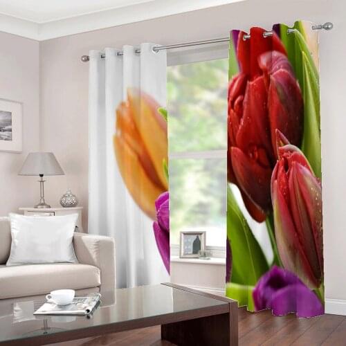 Colorful beautiful waterdrops lily flowers curtain window For Living room Bedroom Half-Blackout Drapes Sets (Left and Right Side