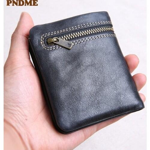 PNDME fashion genuine leather short mens womens small wallet retro designer natural real cowhide thin card holder coin purse