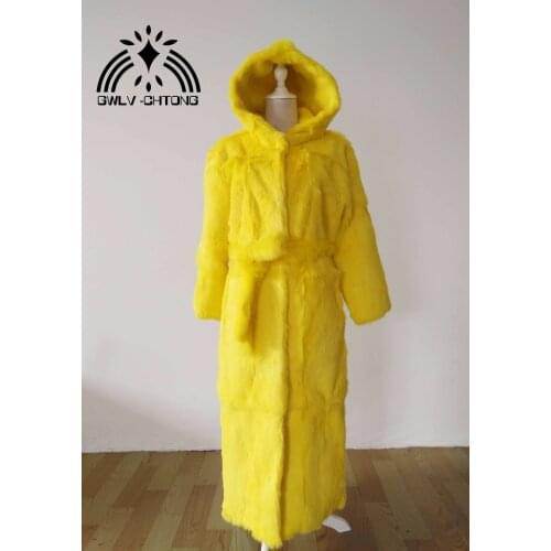Real genuine natural rabbit fur coat with hood women X-long fashion jacket custom any size any color
