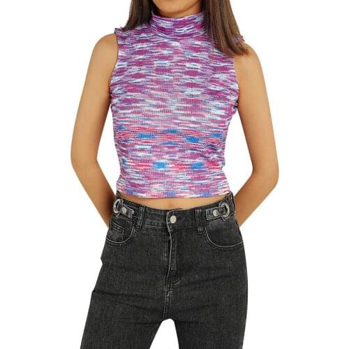 2021 New Fashion Woman Girls Sleeveless Turtle Neck Print Slim Tank Tops Shirt Summer Clothes