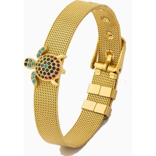 Popular Copper Accessories Turtle With Rhinestone Adjustable Stainless Steel Bracelet Watch Belt Buckle Bangle For Women Jewelry