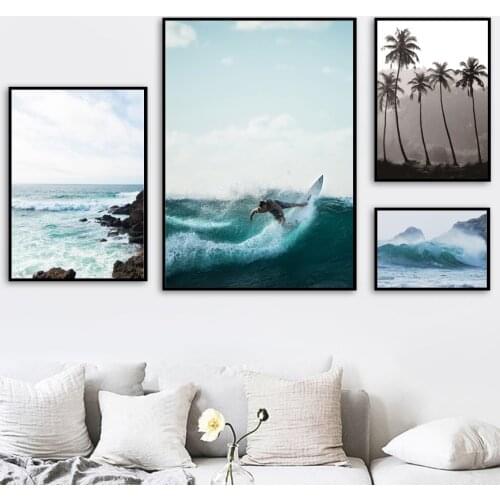 Surf Palm Tree Sea Waves Landscape Wall Art Canvas Painting Nordic Posters And Prints Wall Pictures For Living Room Home Decor