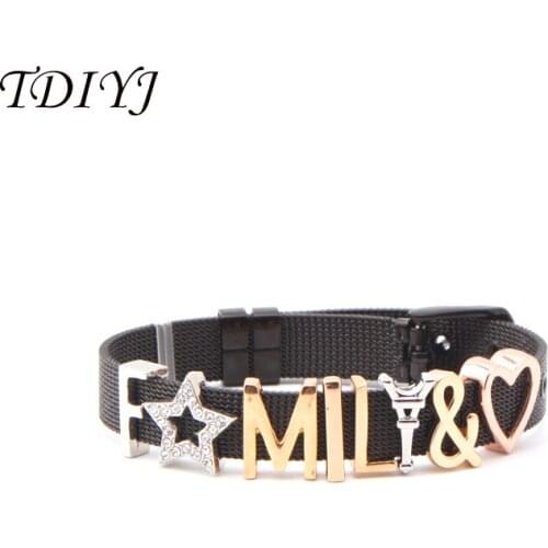 TDIYJ New Arrival Word Fashion Love Heart Family Keeper Charm Bracelet Set Mesh Slide Charms Stainless Steel Black Bracelet 1Set