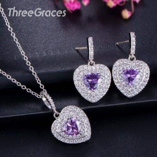 ThreeGraces Lovely Heart Shaped Clear Zirconia Micro Pave Purple Crystal Fashion Nacklace Earrings Jewelry Set for Women JS205
