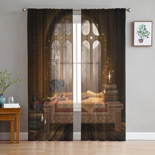 Castle Window Desk Moon Cat Book Tulle Sheer Window Curtains for Living Room Kitchen Children Bedroom Voile Hanging Curtain
