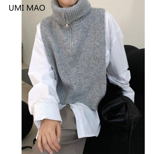 UMI MAO Autumn Winter New High Waist Short Mixed Color Zipper Pullover Shawl Warm Fake High Collar Small Waistcoat Women
