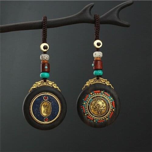 Unisex Handmade Keychain Nepal Buddhist Ebony Retro Pendant Classical Aesthetics FengShui Bless Necklace Jewelry Wholesale