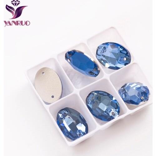 YANRUO 3210 Oval Sapphire Crystal Sew On Rhinestone Blue Flatback Sewing Stones Crystal Strass For Wedding Dresses