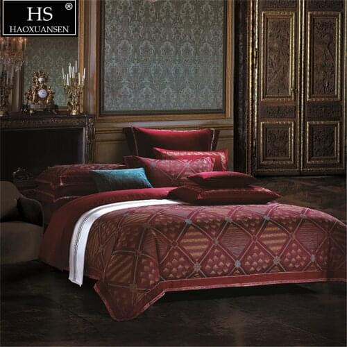 Wine Red Fabric 4Pieces Jacquard Bedding Sets Bedlinens King Size Duvet Cover Pillowcase Bedsheet Diamond Square Lattice Design