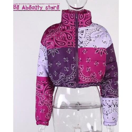 Thickened Casual Printed Puffer Bandana Jacket Winter Coat Women Warm Fashion Y2K Streetwear Crop Parka Puffer Bubble Coat
