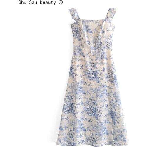 Summer 2021 New Camisole Ruffle Side Slit Floral Print Elastic Folds Women Dress Zipper Vestido Fashion
