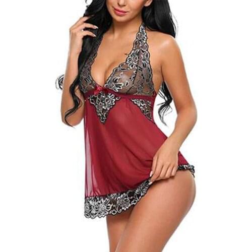 Women Sexy Nightwear Plus Size S-XXL Lace Nightgown Sleepwear Dress G-String Sexy Lingerie ingerie Open Back V-neck Fashion