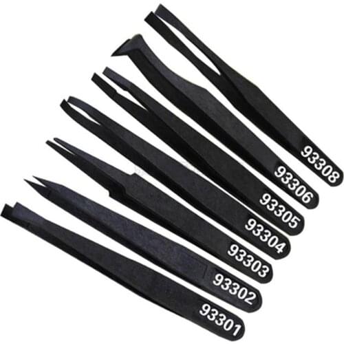 1pcs Anti-static Black Carbon Fiber Tweezers Hand Tools Kit Plastic Pointed Flat Head Elbow Round Wide Mouth Flat Head Tools Set