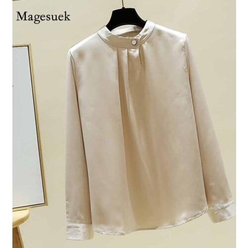 2020 Autumn Satin Solid Folds Chic Button O-neck Clothing Elegant Tops Silk Chiffon Blouse Female Bottoming Shirt Blusas 11917