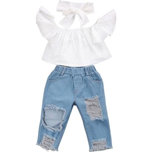 Fashion Casual Newborn Toddler Baby Girls Petal Sleeve Off Shoulder Pullover White T-Shirts Hole Blue Denim Pants Headband 3PCS