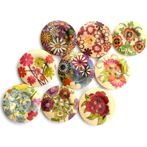 50PCS 30MM Flower Pattern Painting Wooden Buttons Sewing Clothes Boots Coat Accessories Flat Back Embellishments Wooden Button