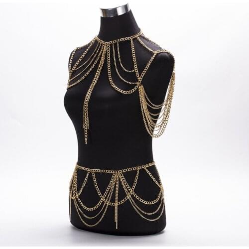 Stage body chains costume Fashion Jewelry Punk Heavy Metal Multilayer Tassel Gold Body ketting Long Necklace