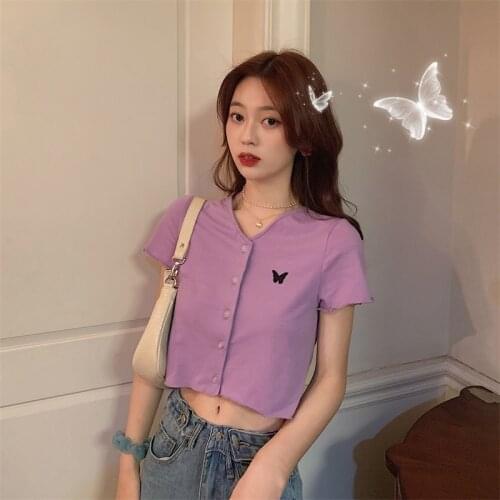 Vintage Butterfly Embroidered T-shirt Womens T-shirts Tops Japanese Kawaii Ulzzang Female Korean Harajuku Clothes For Women