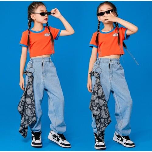 Girls' Hip Hop Costumes Short Sleeve Sweatshirt Loose Jeans Jazz Street Dance Clothing For Kids Performance Stage Wear DNV15101