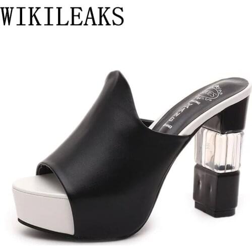 Leather Slides Mules Women Shoes High Heels Slippers Sandals Platform Shoes Lolita Shoes Tongs Sandales Femmes Summer Sandals